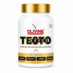 "Olivine Testo Erect men's vitality supplement bottle with gold cap and white packaging."