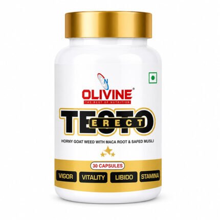 "Olivine Testo Erect men's vitality supplement bottle with gold cap and white packaging."