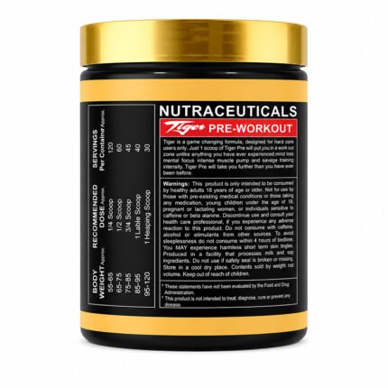 "Back view of Tiger Pre-Workout supplement container showing Supplement Facts and product information"