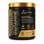 Complex Pro Glutamine supplement container showing nutrition facts, usage directions, ingredients, and product information on black and gold packaging against