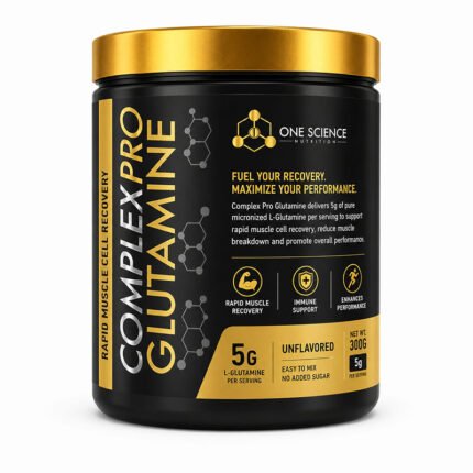 Complex Pro Glutamine supplement container showing nutrition facts, usage directions, ingredients, and product information on black and gold packaging against
