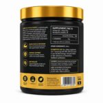 Rear view of Complex Pro Glutamine supplement container displaying Supplement Facts, ingredients, directions for use, barcode, and product information on black and gold packaging against