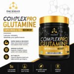 Promotional banner featuring Complex Pro Glutamine Rapid Muscle Cell Recovery supplement container with key benefits, product highlights, and black, white, and gold branding