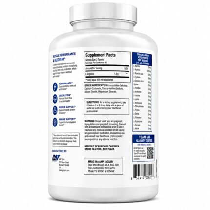 Back view of GAT Sport L-Arginine Free Form Amino Acid supplement bottle showing the Supplement Facts panel, directions, ingredients, warnings, and barcode on a white background.