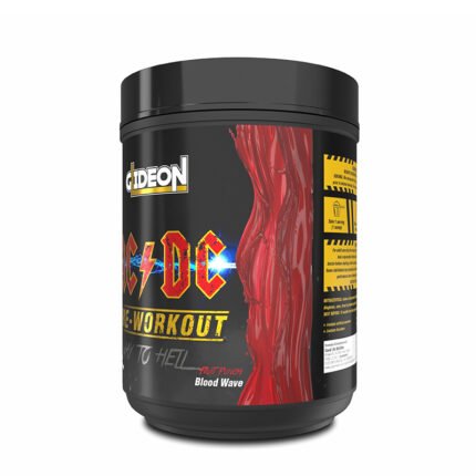"Glideon AC/DC Pre-Workout supplement container angled view"