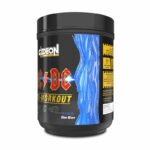 "Angled view of Glideon AC/DC Pre-Workout supplement container with blue label design"