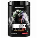 Magnus Muscle Karnage Black pre-workout supplement, black container with roaring gorilla