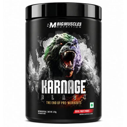 Magnus Muscle Karnage Black pre-workout supplement, black container with roaring gorilla