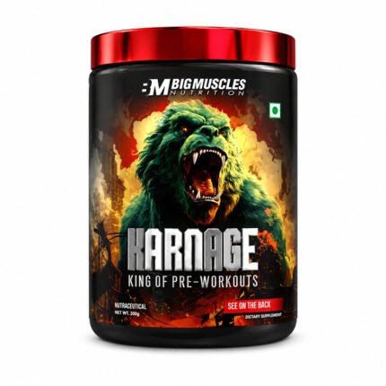 Magnus Muscle Karnage King pre-workout supplement, black container with red lid