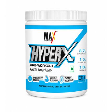MAX Sports Hyper X Pre-Workout supplement container with beta-alanine, L-citrulline, and L-arginine for energy, focus, and muscle performance