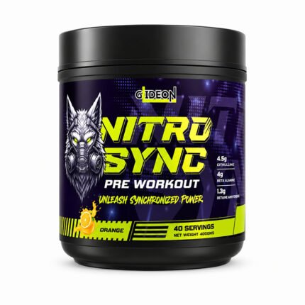 Nitro Sync Pre-Workout supplement, black container with a purple label