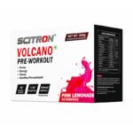 Scitron Volcano Pre-Workout Pink Lemonade packaging showing the front of the supplement box with product branding and the nutrition facts panel on the side.
