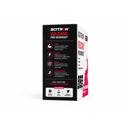 Back and side view of Scitron Volcano Pre-Workout Pink Lemonade packaging displaying product benefits, ingredients, usage information, and nutrition facts.