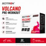 Front view of Scitron Volcano Pre-Workout Pink Lemonade packaging highlighting key benefits, serving information, product branding, and flavor with a product box shown alongside.