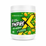 "HealthFarm Thpre X pre-workout supplement powder container"