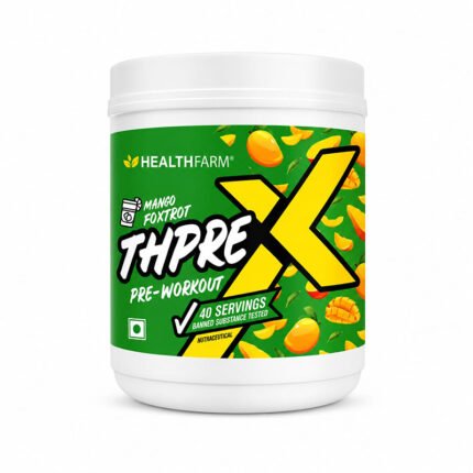 "HealthFarm Thpre X pre-workout supplement powder container"