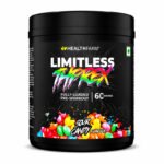 HealthFarm Limitless Threex pre-workout supplement tub, Sour Candy flavor, featuring a black container with a vibrant multicolor label on a white background.