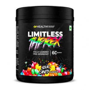 HealthFarm Limitless Threex pre-workout supplement tub, Sour Candy flavor, featuring a black container with a vibrant multicolor label on a white background.
