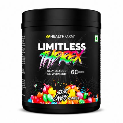 HealthFarm Limitless Threex pre-workout supplement tub, Sour Candy flavor, featuring a black container with a vibrant multicolor label on a white background.