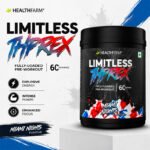 Promotional banner for HealthFarm Limitless Threex pre-workout supplement featuring the product tub, 60 servings, Miami Nights flavor, and key performance benefits on a clean white and blue background.