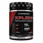 "Front view of Corebolics XPLODE Pre-Workout Powder supplement container highlighting key benefits including improved focus, enhanced mood, increased energy, and intense workout performance."