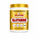Olivine Nutrition Glutamine supplement in a white plastic jar with a gold lid, featuring a gold label and 100% pure L-glutamine branding