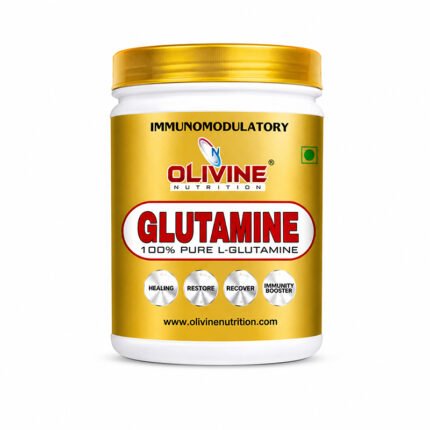 Olivine Nutrition Glutamine supplement in a white plastic jar with a gold lid, featuring a gold label and 100% pure L-glutamine branding