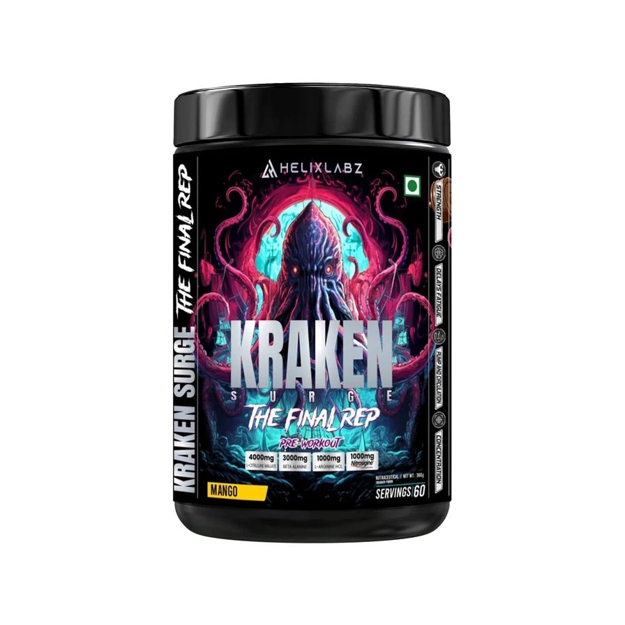Helix Labz Kraken Pre Workout tub showing flavor name and label details