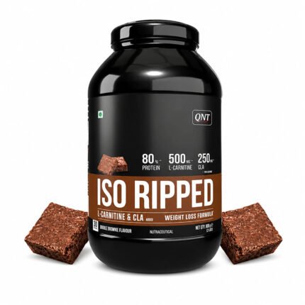 QNT ISO RIPPED Whey Protein Isolate, Brownie Batter flavor protein powder in a black container with brownie pieces displayed beside the jar.