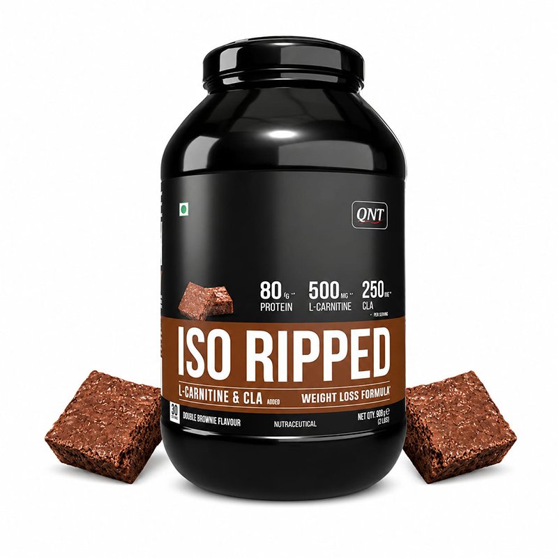 iso-ripped-1 QNT ISO RIPPED Whey Protein Isolate, Brownie Batter flavor protein powder in a black container with brownie pieces displayed beside the jar.