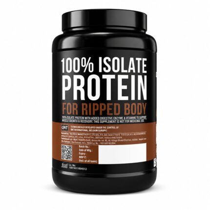 QNT 100% Isolate Protein for Ripped Body protein powder in a black container, Brownie flavor, high-protein whey isolate supplement.