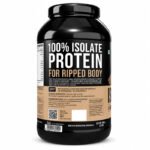 QNT 100% Isolate Protein for Ripped Body, Coffee flavor whey protein isolate supplement in a black container with high-protein formula.