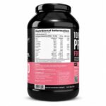 Back view of QNT ISO RIPPED Whey Protein Isolate, Strawberry Banana flavor supplement container showing nutrition facts, ingredients, serving information, and barcode.