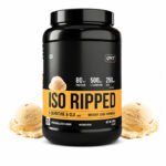 QNT ISO RIPPED Whey Protein Isolate, Vanilla Ice Cream flavor protein powder in a black container with vanilla ice cream scoops displayed beside the jar.