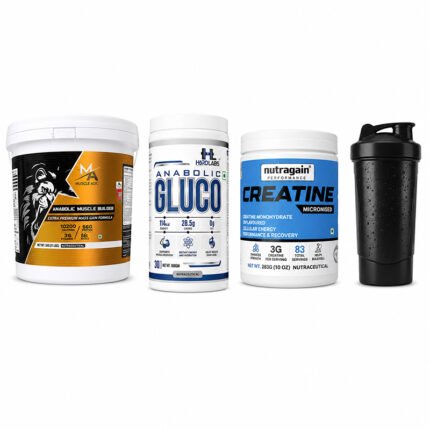 Muscle growth supplement combo with mass gainer, glucose powder, creatine, and shaker bottle.