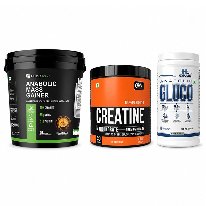 Three sports nutrition supplements: anabolic mass gainer, creatine, and glucose powder displayed side by side on a white background.