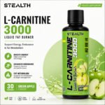 "Stealth L-Carnitine 3000 Liquid Fat Burner Green Apple promotional banner highlighting 3000mg L-Carnitine, fast absorption, zero sugar, energy, endurance, and fat metabolism support."