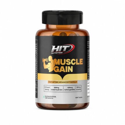 Hit Nutrition Muscle Gain capsules bottle for muscle growth, strength, lean muscle support, and post-workout recovery