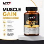 HIT Nutrition Muscle Gain promotional image featuring the muscle gain supplement bottle with key benefits including lean muscle support, strength, energy, and healthy weight gain