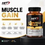 HIT Nutrition Muscle Gain product banner featuring the Muscle Gain bottle with key benefits for healthy weight gain, lean muscle growth, strength, and energy