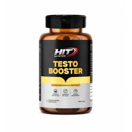 Front view of HIT Testo Booster supplement bottle for natural testosterone support, strength, stamina, energy, and men's performance