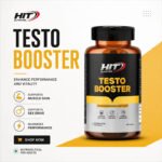 HIT Testo Booster promotional image featuring the supplement bottle with key benefits for testosterone support, stamina, strength, energy, and men's vitality