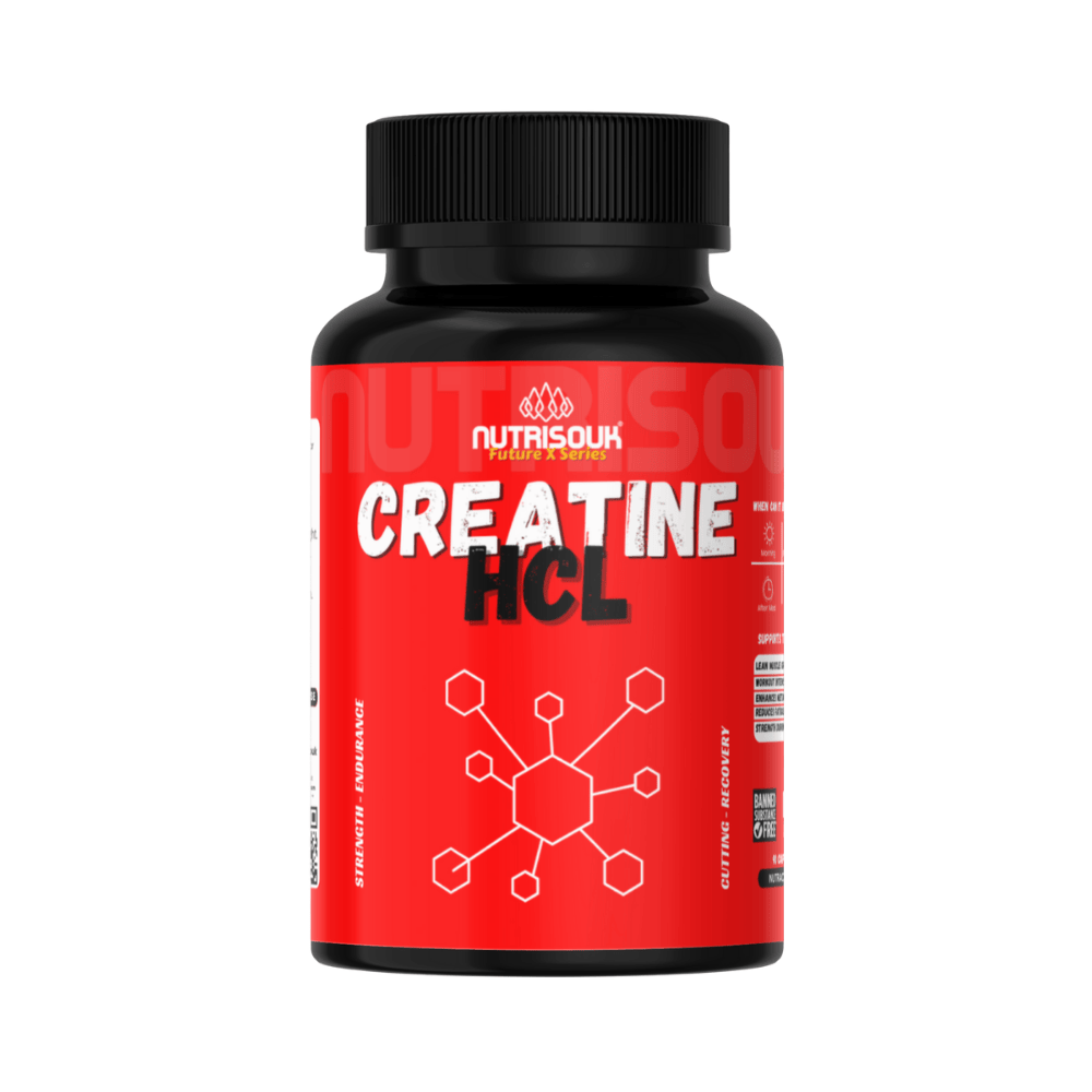 Nutrisouk Creatine HCL supplement bottle with red label and molecular structure design