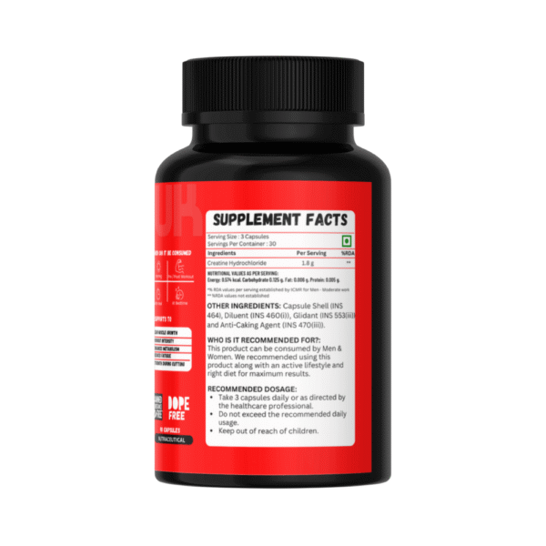 Creatine Hydrochloride supplement bottle showing supplement facts, ingredients, and recommended dosage label
