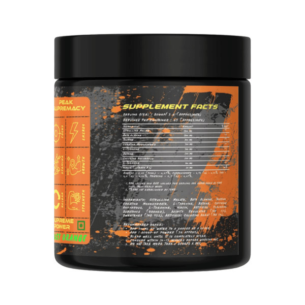 Back view of Dark Soul Elite Pre-Workout Pina Colada 225g supplement container showing supplement facts label