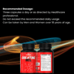 Nutrisouk Creatine HCL recommended dosage graphic showing three capsules per day and usage instructions