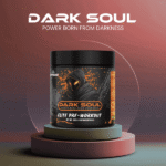 Dark Soul Elite Pre-Workout 225g supplement container displayed on a pedestal with Dark Soul branding