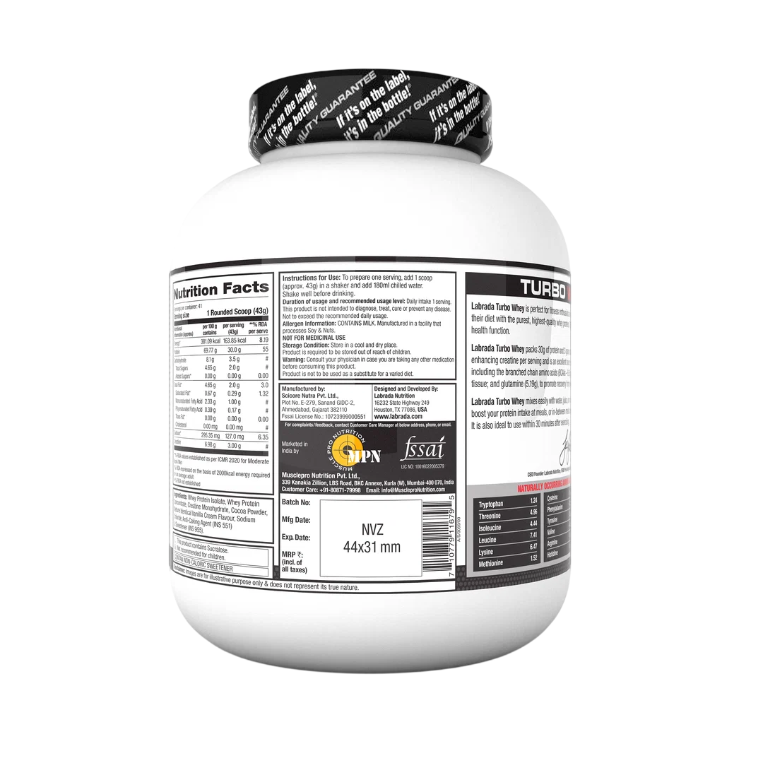 Labrada Turbo Whey Chocolate 1.8kg back view
