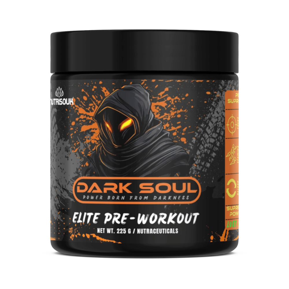 Dark Soul Elite Pre-Workout Lust Orange 225g supplement container close-up