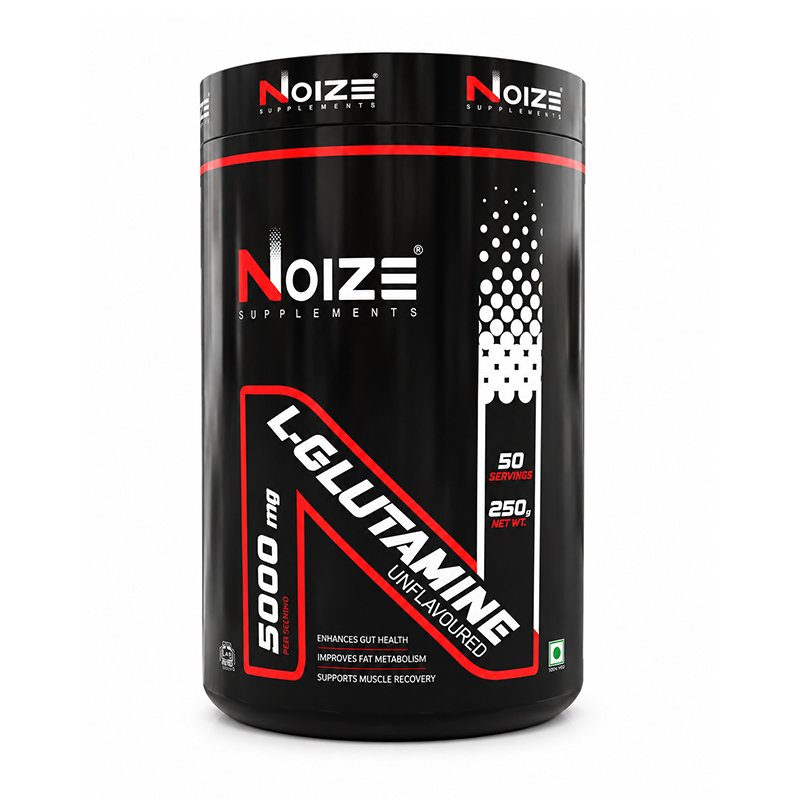 "NOIZEFIT L-Glutamine 250g unflavoured supplement with 5000mg L-Glutamine per serving for muscle recovery, gut health, and post-workout support."